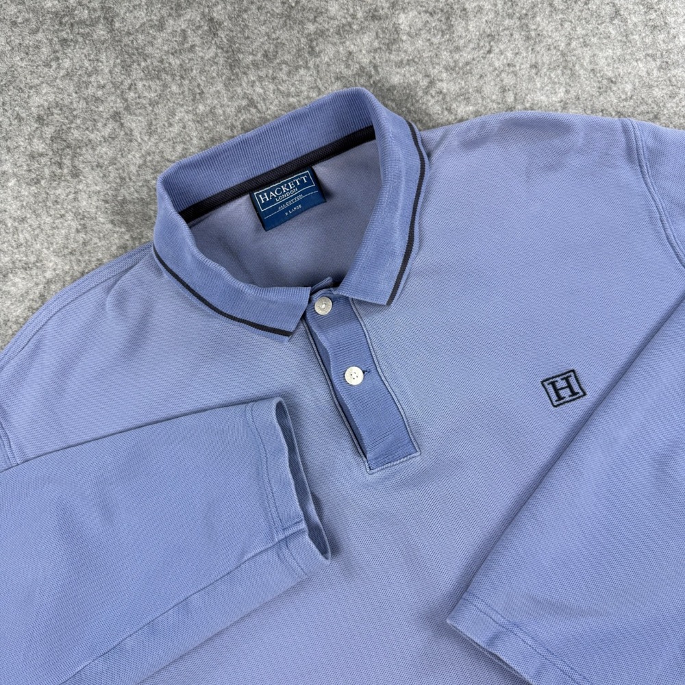 Vintage Hackett London Sun Faded Polo Mens XL Blue Long Sleeve Pique Cotton Logo